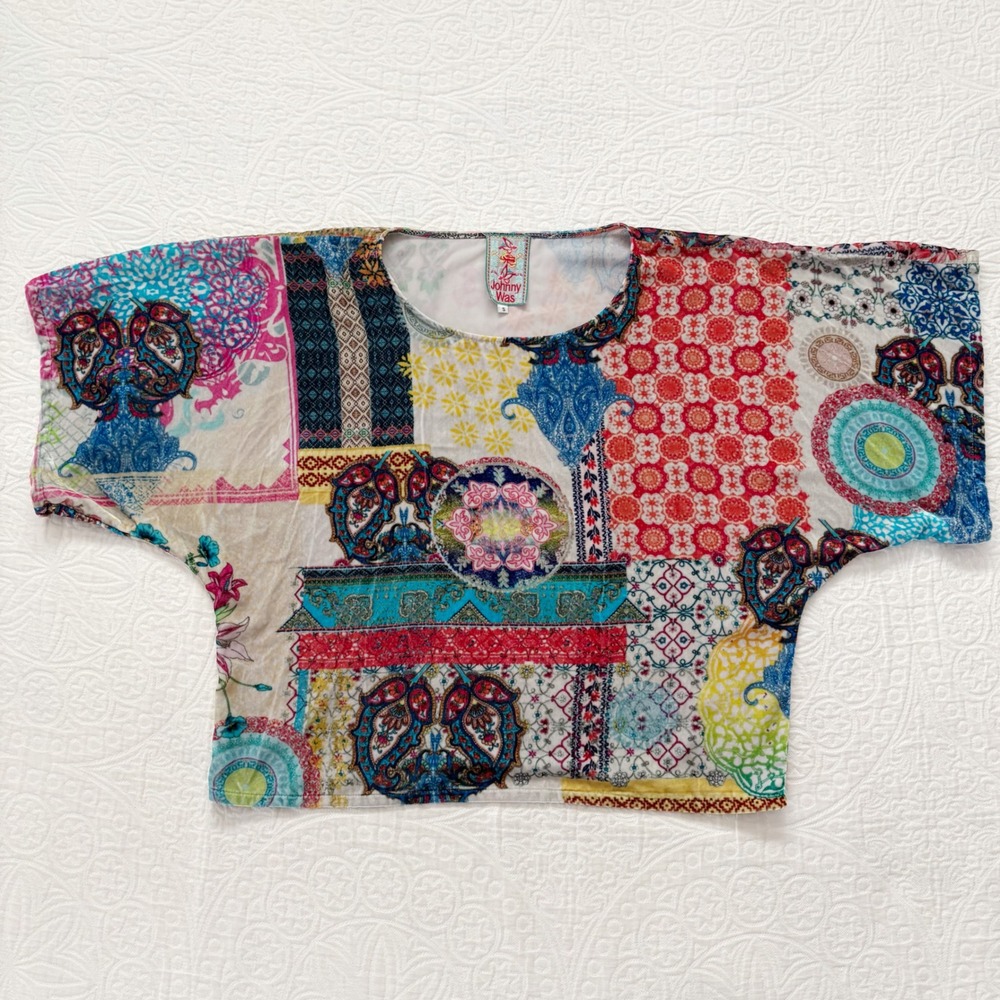 Johnny Was Silk-Blend Velvet Velour Patchwork Dolman‎ Top Sz S